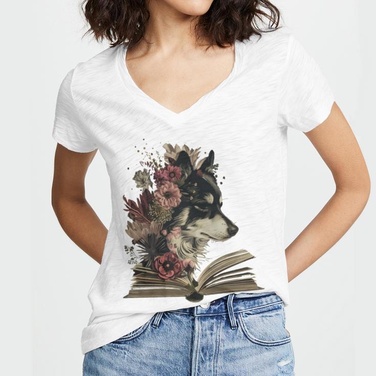 Dog Book Flower Women's Jersey Short Sleeve Deep V-Neck Tshirt