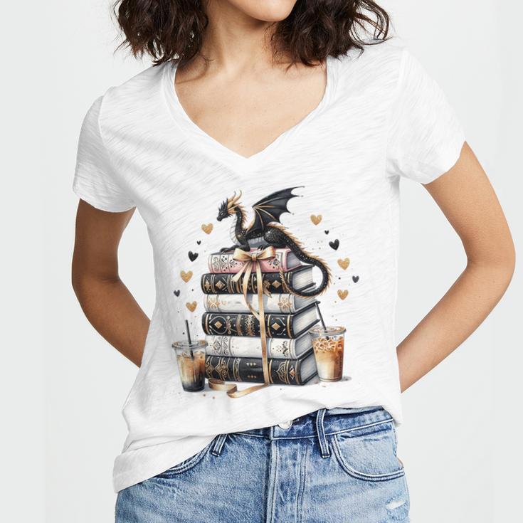 Dragon Hoard Of Books Reading Lover Cute Art Women's Jersey Short Sleeve Deep V-Neck Tshirt