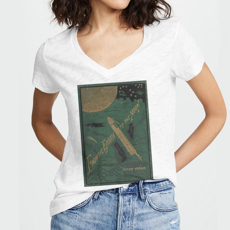 From The Earth To The Moon Book Cover 1874 Premium Women's Jersey Short Sleeve Deep V-Neck Tshirt From The Earth To The Moon Book Cover 1874 Premium Women's Jersey Short Sleeve Deep V-Neck Tshirt