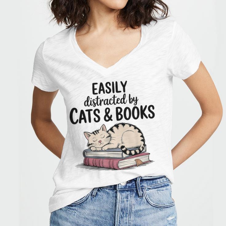 Easily Distracted By Cats And Books Cute Book Lover Women's Jersey Short Sleeve Deep V-Neck Tshirt