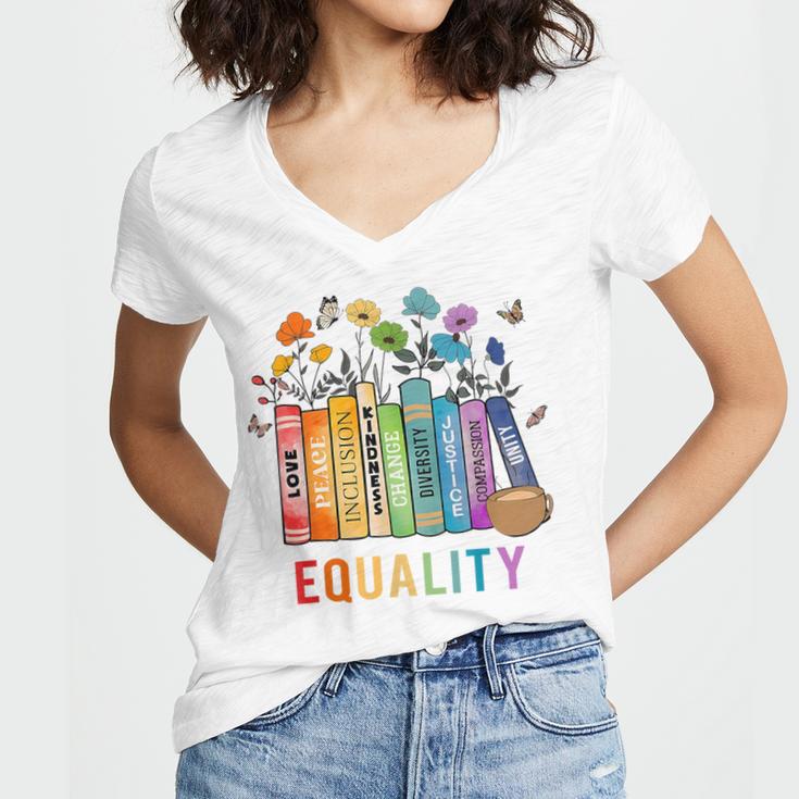 Equal Rights Book Flower Equality Peace Love Kindness Book Women's Jersey Short Sleeve Deep V-Neck Tshirt