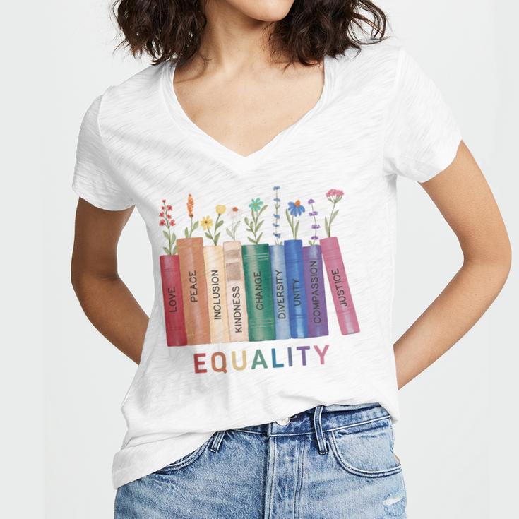 Equality Flower Books Equal Rights Social Justice Feminist Women's Jersey Short Sleeve Deep V-Neck Tshirt Equality Flower Books Equal Rights Social Justice Feminist Women's Jersey Short Sleeve Deep V-Neck Tshirt