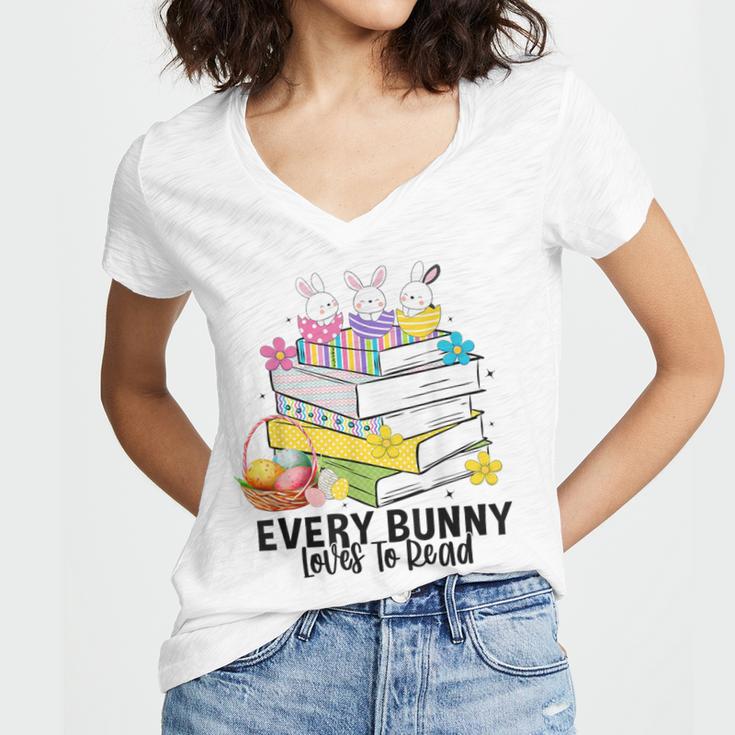 Every Bunny Loves To Read Easter Cute Reading Books Lover Women's Jersey Short Sleeve Deep V-Neck Tshirt Every Bunny Loves To Read Easter Cute Reading Books Lover Women's Jersey Short Sleeve Deep V-Neck Tshirt