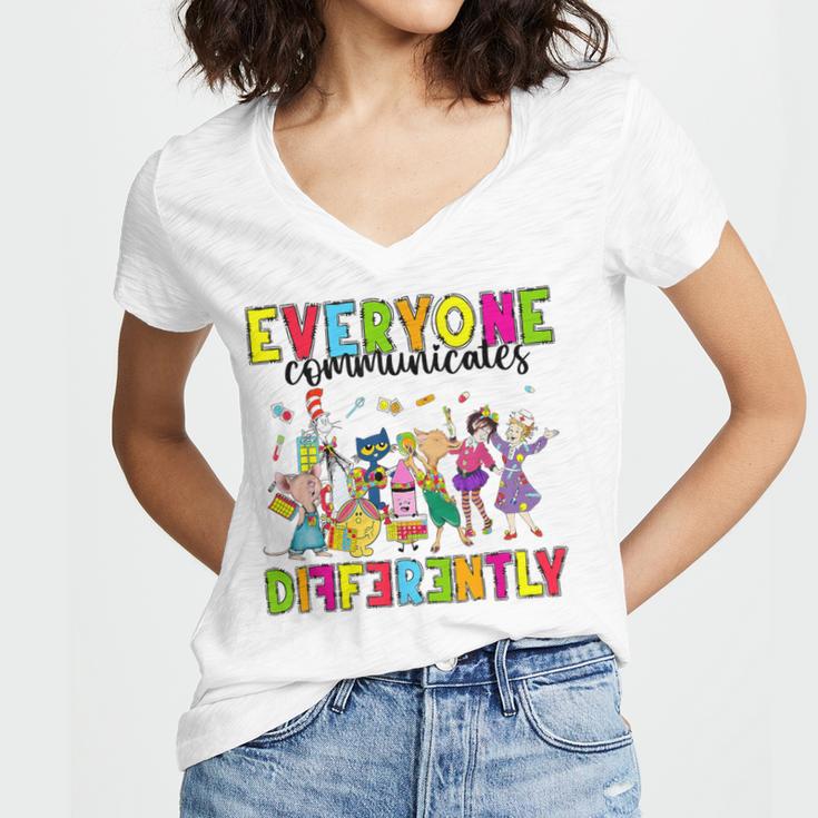 Everyone Communicates Differently Book Teacher Outfit Women's Jersey Short Sleeve Deep V-Neck Tshirt
