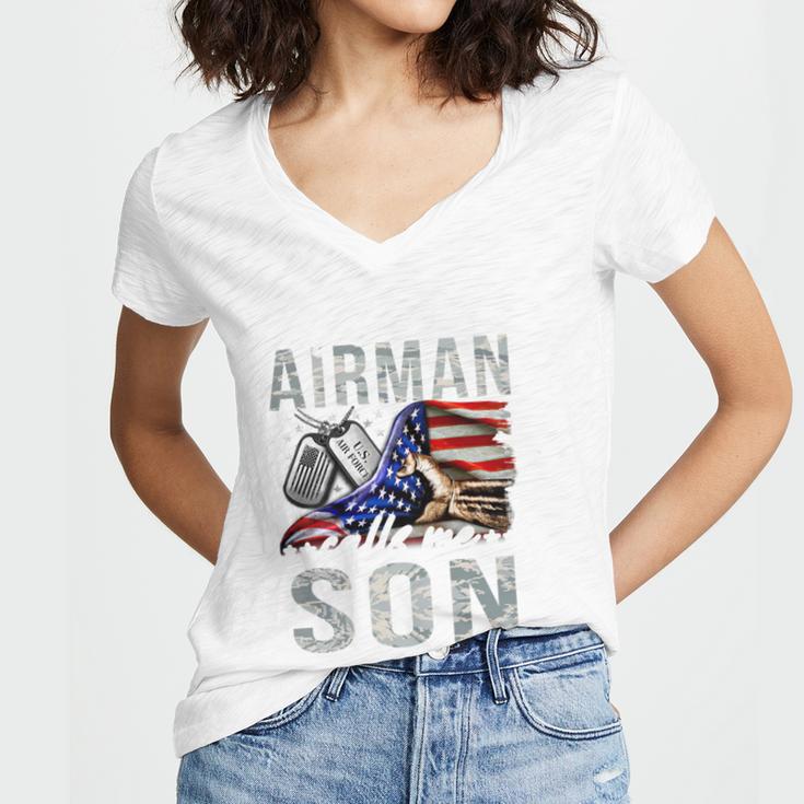 My Favorite Airman Calls Me Son Air Force Graduation Son Women's Jersey Short Sleeve Deep V-Neck Tshirt