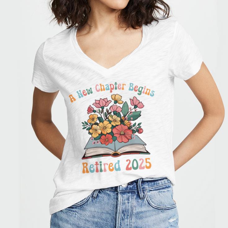 Floral Book Officially Retired 2025 A New Chapter Begins Women's Jersey Short Sleeve Deep V-Neck Tshirt Floral Book Officially Retired 2025 A New Chapter Begins Women's Jersey Short Sleeve Deep V-Neck Tshirt