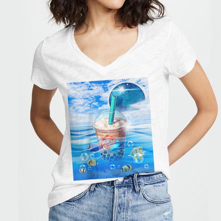 Frutiger Aero Aesthetic Tech Bubble Tea Boba Milktea Fishes Raglan Baseball Tee Women's Jersey Short Sleeve Deep V-Neck Tshirt Frutiger Aero Aesthetic Tech Bubble Tea Boba Milktea Fishes Raglan Baseball Tee Women's Jersey Short Sleeve Deep V-Neck Tshirt