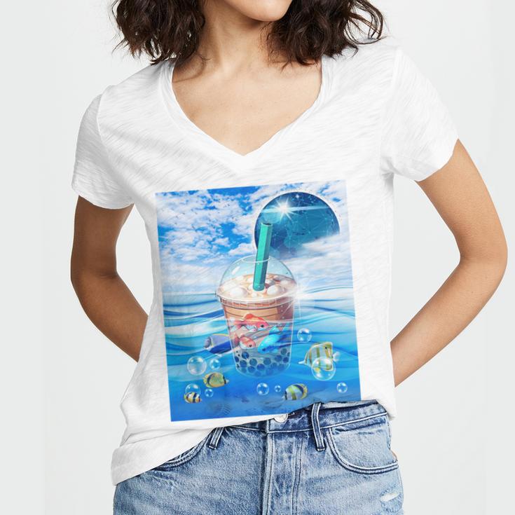 Frutiger Aero Aesthetic Tech Bubble Tea Boba Milktea Fishes Women's Jersey Short Sleeve Deep V-Neck Tshirt Frutiger Aero Aesthetic Tech Bubble Tea Boba Milktea Fishes Women's Jersey Short Sleeve Deep V-Neck Tshirt