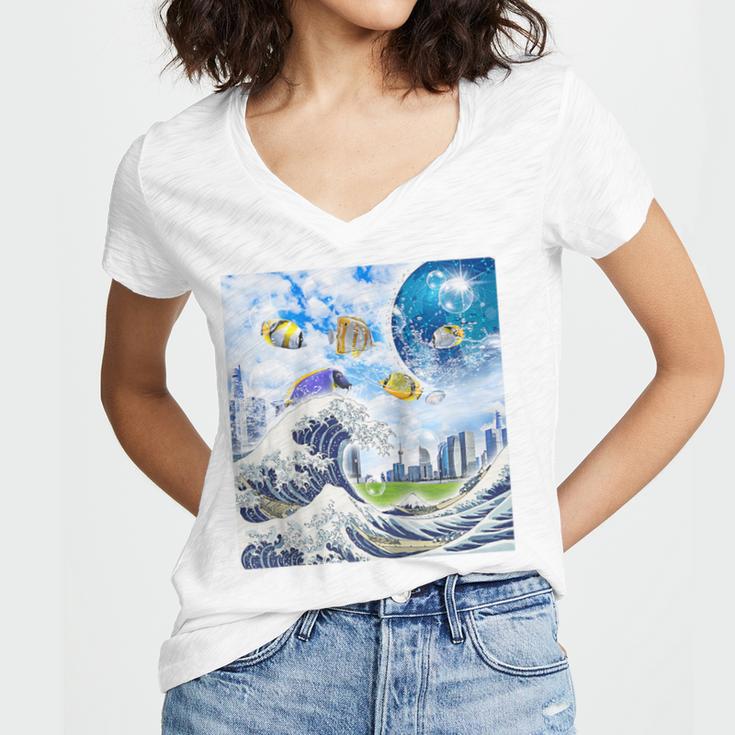 Frutiger Aero Aesthetic Tech Great Wave Of Kanagawa Fishes Raglan Baseball Tee Women's Jersey Short Sleeve Deep V-Neck Tshirt Frutiger Aero Aesthetic Tech Great Wave Of Kanagawa Fishes Raglan Baseball Tee Women's Jersey Short Sleeve Deep V-Neck Tshirt