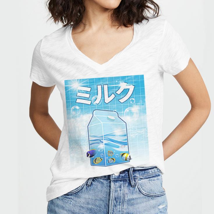 Frutiger Aero Aesthetic Tech Kawaii Milk Underwater Fishes Women's Jersey Short Sleeve Deep V-Neck Tshirt Frutiger Aero Aesthetic Tech Kawaii Milk Underwater Fishes Women's Jersey Short Sleeve Deep V-Neck Tshirt