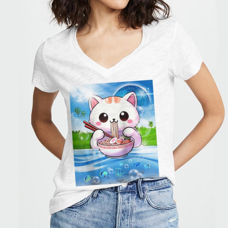 Frutiger Aero Aesthetic Tech Kawaii Ramen Cat Fishes Raglan Baseball Tee Women's Jersey Short Sleeve Deep V-Neck Tshirt