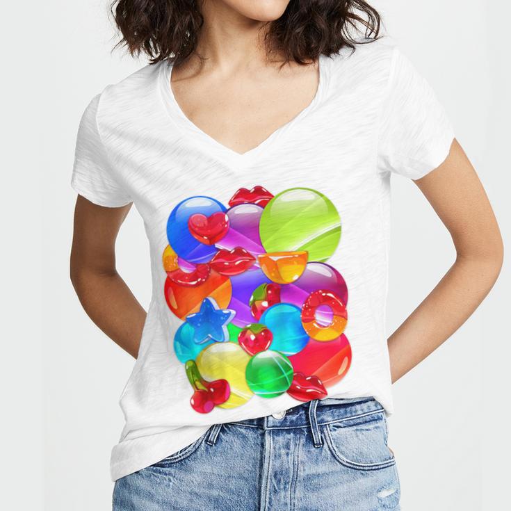 Frutiger Aero Aesthetic Tech Orb Pattern Heart Cherry Lips Raglan Baseball Tee Women's Jersey Short Sleeve Deep V-Neck Tshirt
