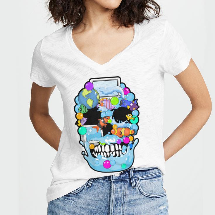 Frutiger Aero Aesthetic Tech Skull Computer Fishes Women's Jersey Short Sleeve Deep V-Neck Tshirt