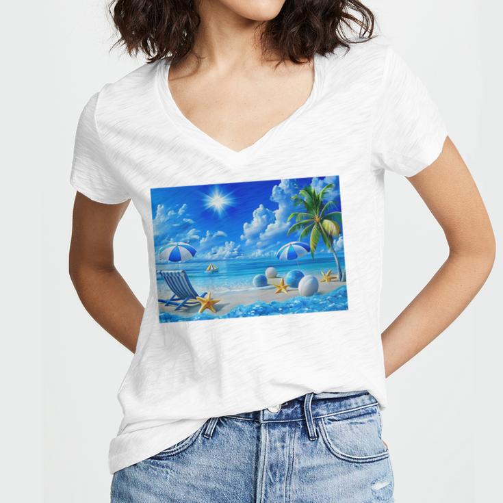Frutiger Aero Beach Y2k Aesthetic Palm Tree Sand Ocean Premium Women's Jersey Short Sleeve Deep V-Neck Tshirt