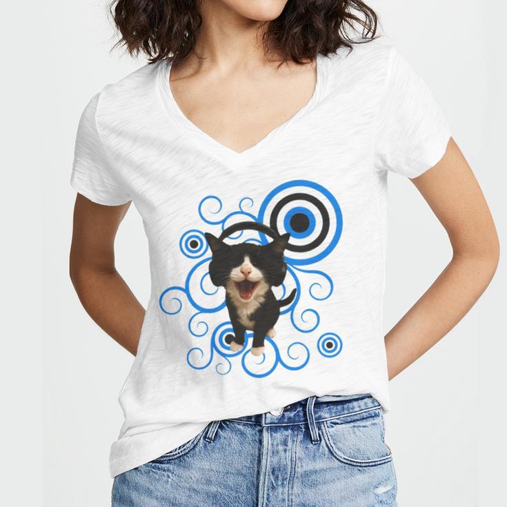 Frutiger Aero Cat Meme Headphone Kitty Cat Lover Women's Jersey Short Sleeve Deep V-Neck Tshirt
