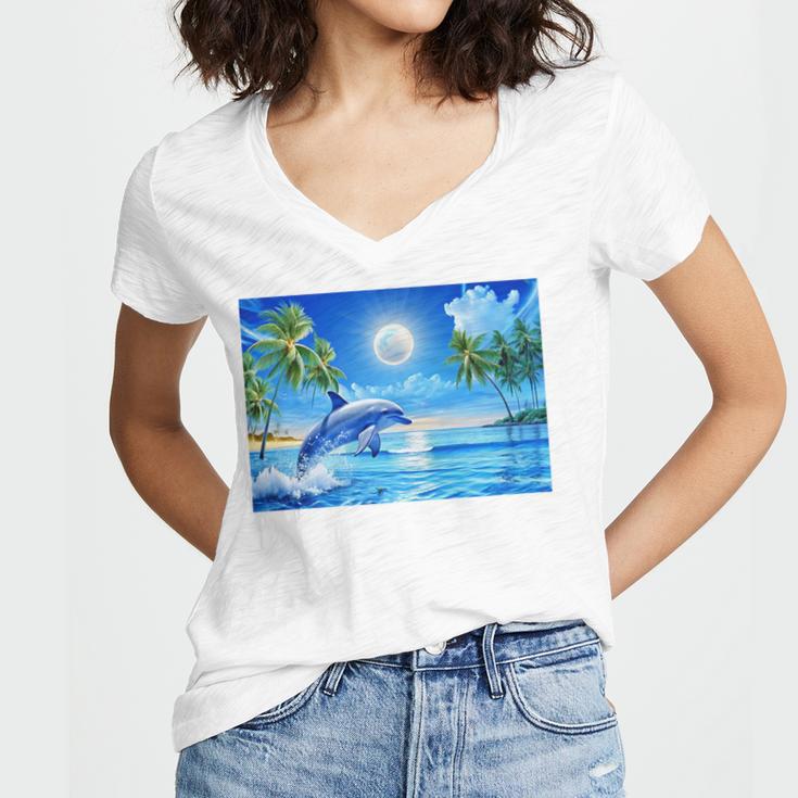 Frutiger Aero Dolphin Sunset Ocean With Palm Trees Y2k Premium Women's Jersey Short Sleeve Deep V-Neck Tshirt