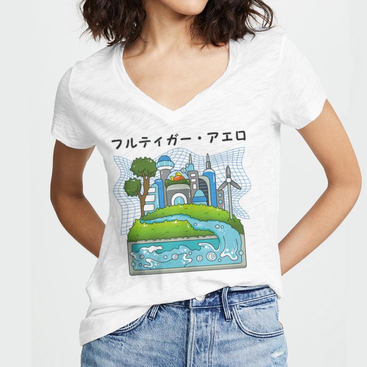 Future City Wind Power Frutiger Aero Y2K Style Ocean Women's Jersey Short Sleeve Deep V-Neck Tshirt
