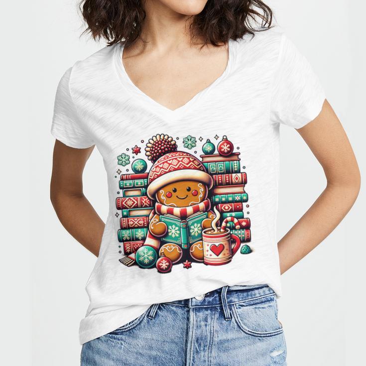 Gingerbread Reading Book Lovers Christmas Bookworm Librarian Premium Women's Jersey Short Sleeve Deep V-Neck Tshirt Gingerbread Reading Book Lovers Christmas Bookworm Librarian Premium Women's Jersey Short Sleeve Deep V-Neck Tshirt