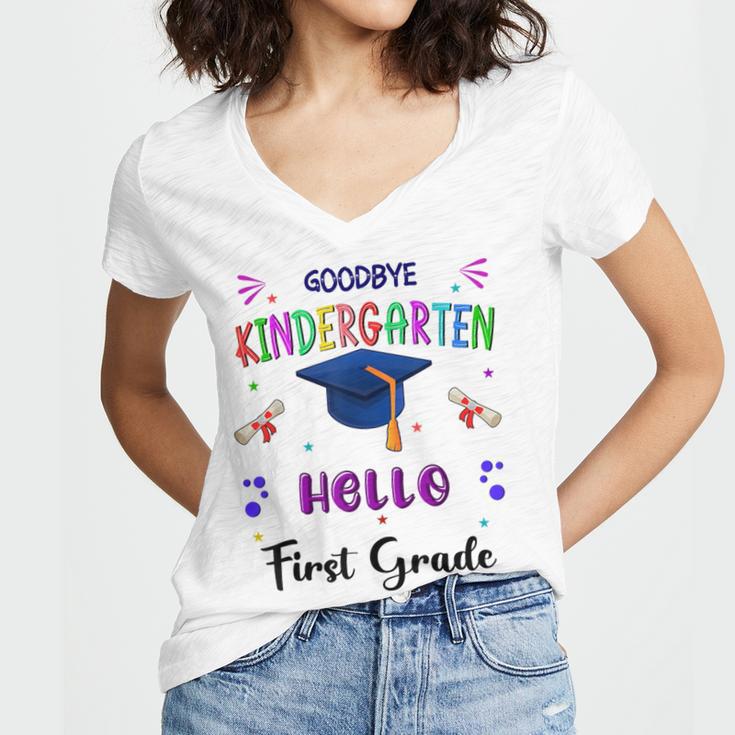Goodbye Kindergarten Graduation Class 2025 1st Grade Kids Women's Jersey Short Sleeve Deep V-Neck Tshirt