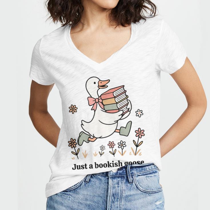 Goose With Books Cute Bookworm Reader Women's Jersey Short Sleeve Deep V-Neck Tshirt Goose With Books Cute Bookworm Reader Women's Jersey Short Sleeve Deep V-Neck Tshirt