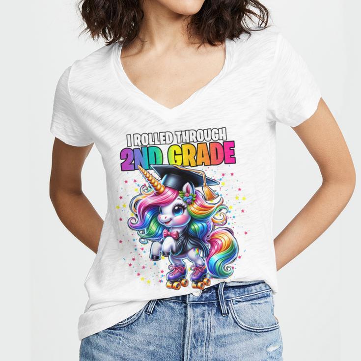 Graduation 2nd Grade Unicorn Roller Skate Girls Grad Women's Jersey Short Sleeve Deep V-Neck Tshirt
