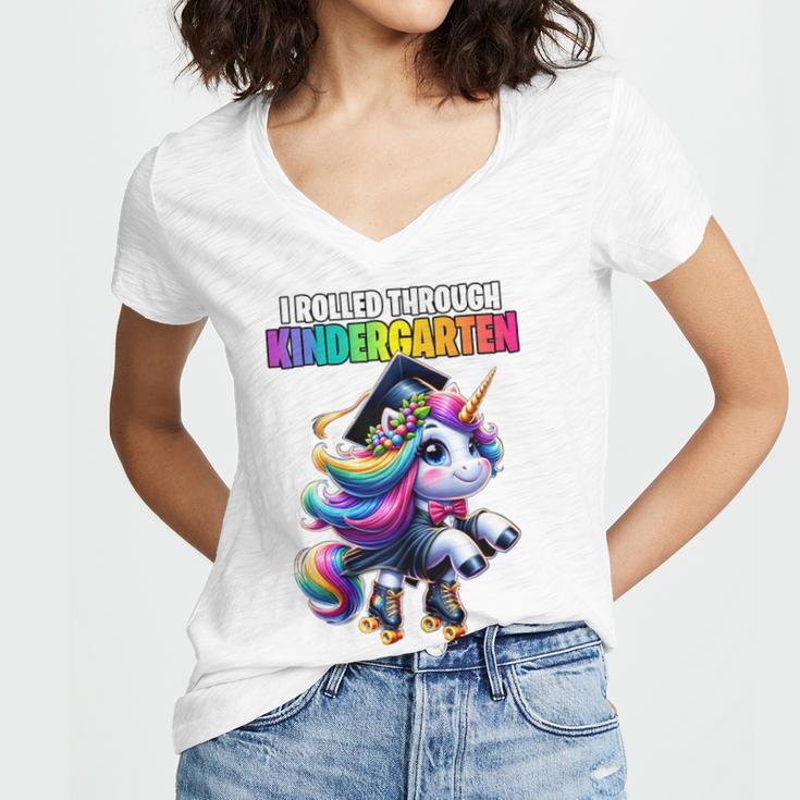 Graduation Kindergarten Unicorn Roller Skate Girls Grad Women's Jersey Short Sleeve Deep V-Neck Tshirt