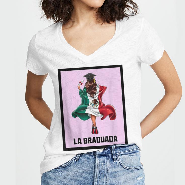 Graduation Latina Educated La Graduada Mexican Bingo Card Women's Jersey Short Sleeve Deep V-Neck Tshirt