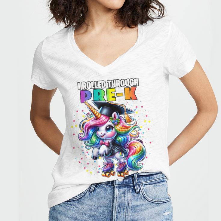 Graduation Pre-K Unicorn Roller Skate Girls Preschool Grad Women's Jersey Short Sleeve Deep V-Neck Tshirt