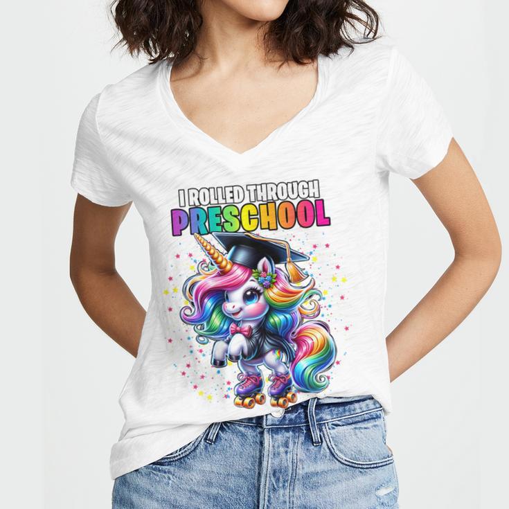 Graduation Preschool Unicorn Roller Skate Girls Pre-K Grad Women's Jersey Short Sleeve Deep V-Neck Tshirt