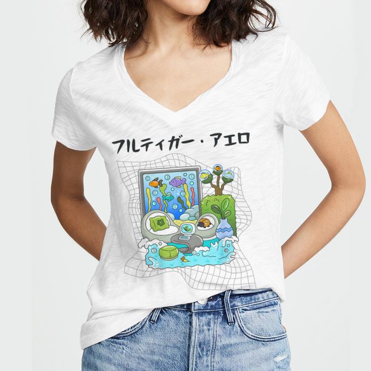 Grass Fun UI UX Er Computer Retro Fish Frutiger Aero Women's Jersey Short Sleeve Deep V-Neck Tshirt