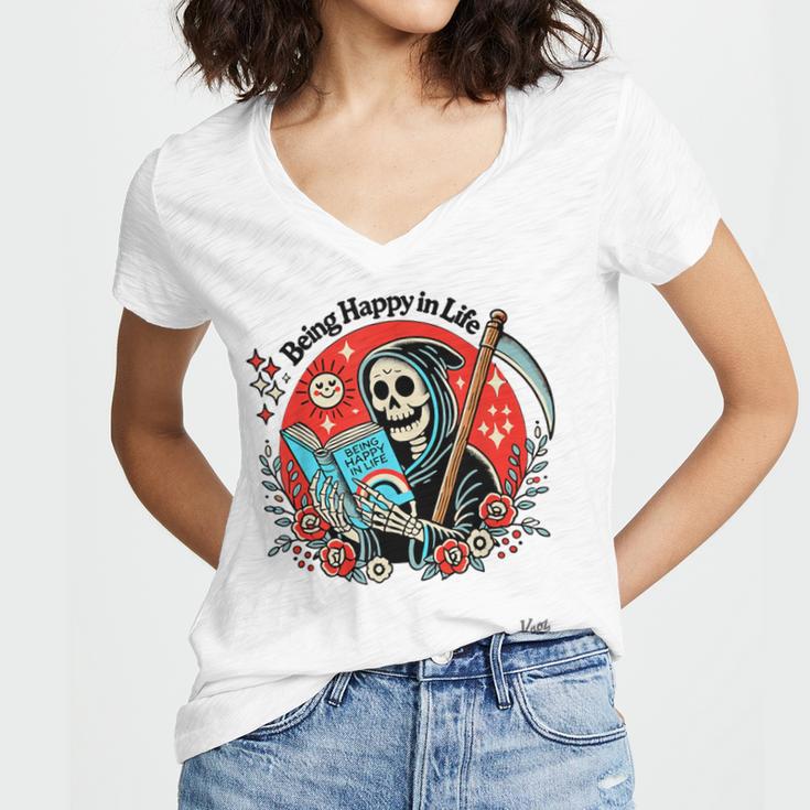 Grim Reaper Reads a Book Women's Jersey Short Sleeve Deep V-Neck Tshirt