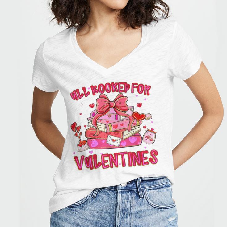Groovy All Booked For Valentines Books Pink Coquette Bow Women's Jersey Short Sleeve Deep V-Neck Tshirt