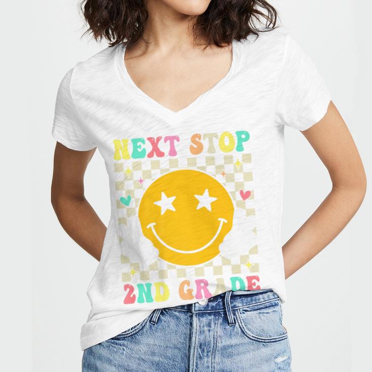 Groovy Next Stop 2nd Grade 1st Grade Graduation 2025 Premium Women's Jersey Short Sleeve Deep V-Neck Tshirt