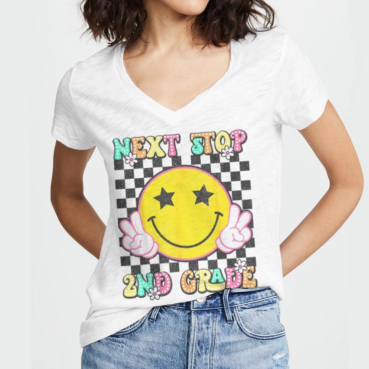 Groovy Next Stop 2nd Grade 1st Grade Graduation 2025 Women's Jersey Short Sleeve Deep V-Neck Tshirt