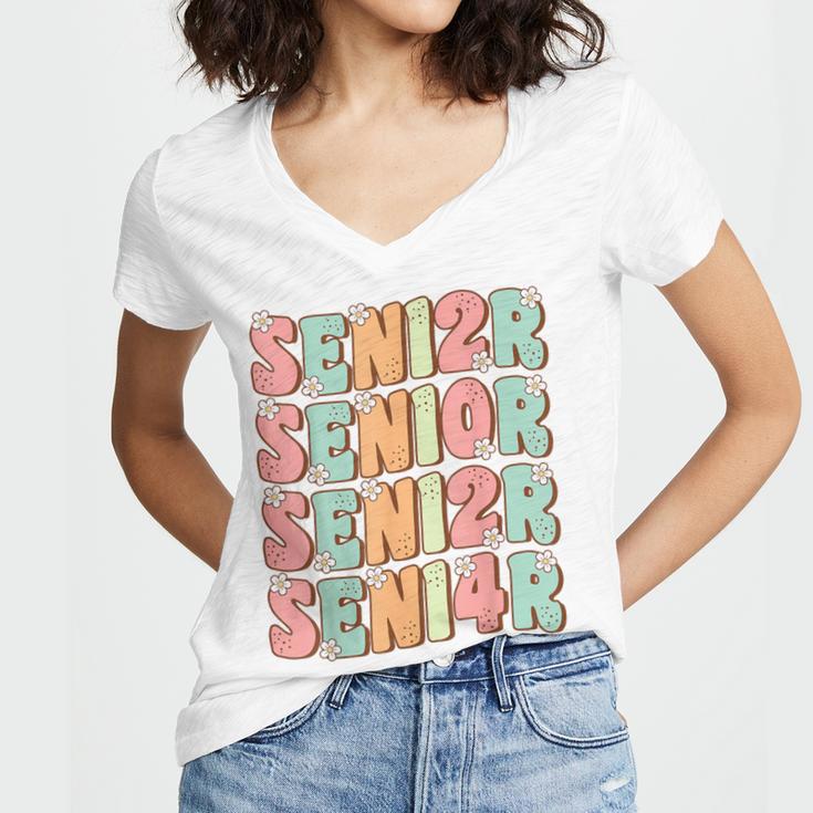 Groovy Senior Graduation Cute Groovy Senior Class Of 2024 Women's Jersey Short Sleeve Deep V-Neck Tshirt