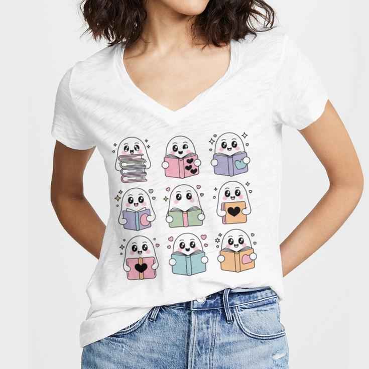 Halloween Ghosts Reading Books Pattern Spooky Kawaii Anime Women's Jersey Short Sleeve Deep V-Neck Tshirt