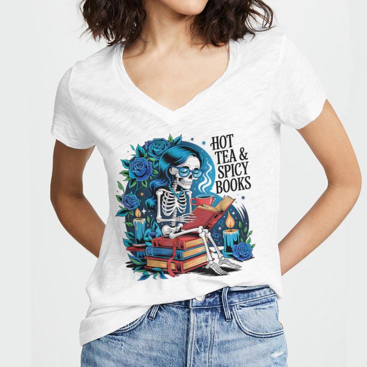 Hot Tea & Spicy Books Skeleton Reader Women's Jersey Short Sleeve Deep V-Neck Tshirt Hot Tea & Spicy Books Skeleton Reader Women's Jersey Short Sleeve Deep V-Neck Tshirt