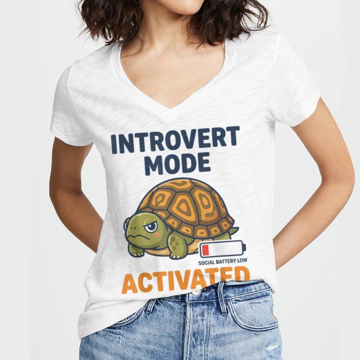 Introvert Mode Activated Low Social Battery Box Turtle Women's Jersey Short Sleeve Deep V-Neck Tshirt