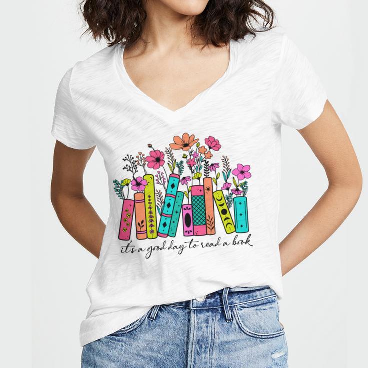 It's A Good Day To Read A Book Floral Book Lovers Librarian Women's Jersey Short Sleeve Deep V-Neck Tshirt It's A Good Day To Read A Book Floral Book Lovers Librarian Women's Jersey Short Sleeve Deep V-Neck Tshirt