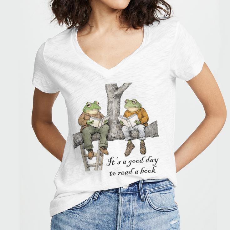 It's A Good Day To Read A Book Frog Toad Women's Jersey Short Sleeve Deep V-Neck Tshirt
