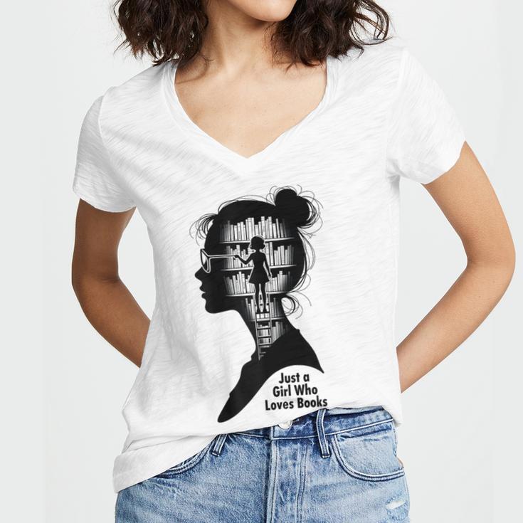 Just A Girl Who Loves Books Girls Books Lovers Women's Jersey Short Sleeve Deep V-Neck Tshirt