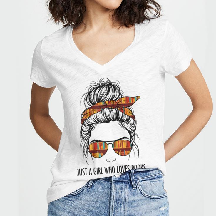 Just a Girl Who Loves Books Pajamas Shirt Reading Book Lover Women's Jersey Short Sleeve Deep V-Neck Tshirt