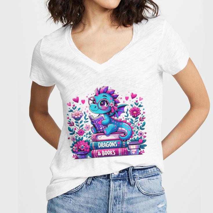 Just A Girl Who Loves Dragons And Books Cute Dragon Reading Premium Tri-Blend Women's Jersey Short Sleeve Deep V-Neck Tshirt