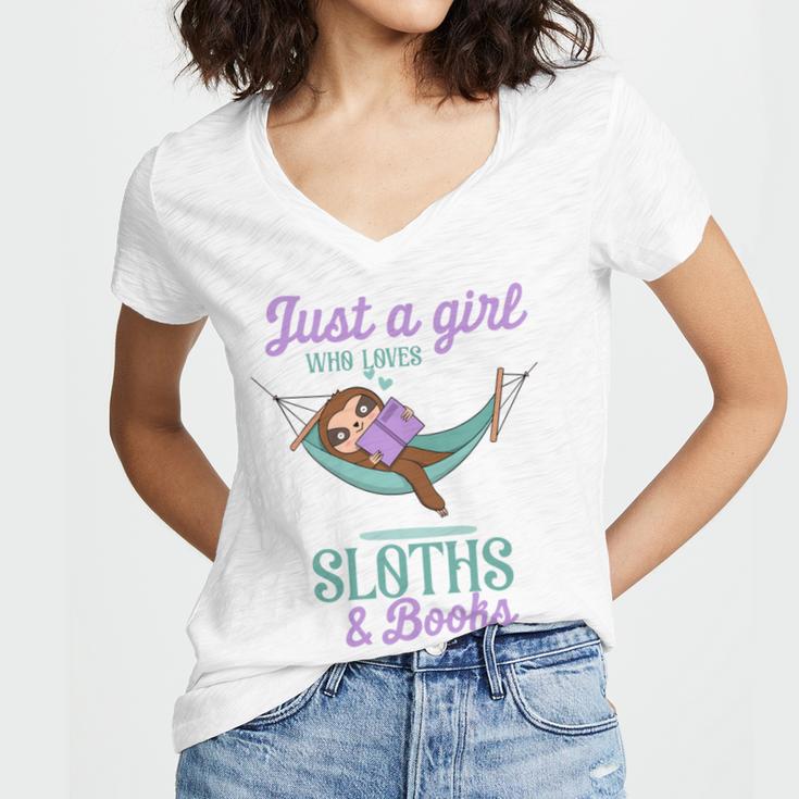 Just a Girl Who Loves Sloths And Books Women's Jersey Short Sleeve Deep V-Neck Tshirt