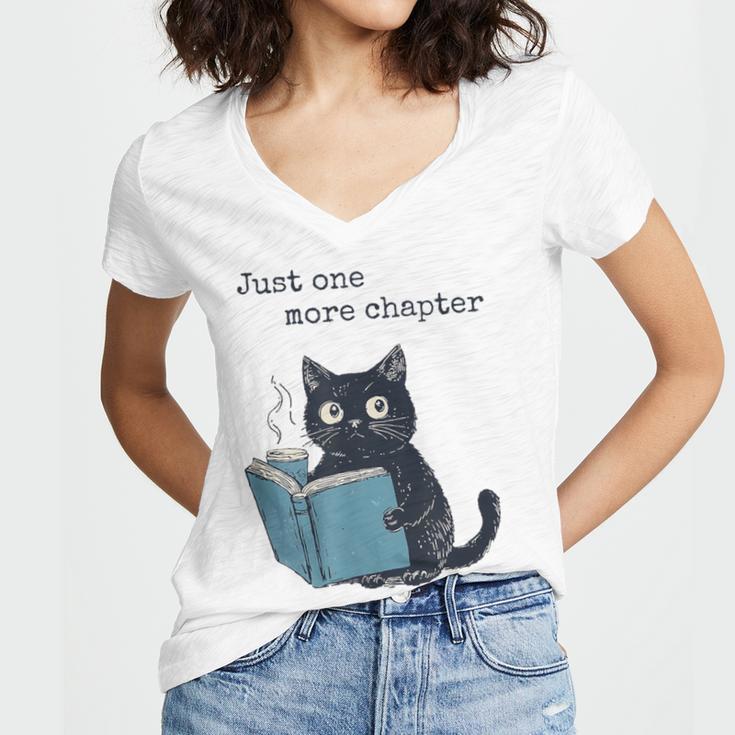 Just One More Chapter Bookworm Cat Book Lover Women's Jersey Short Sleeve Deep V-Neck Tshirt
