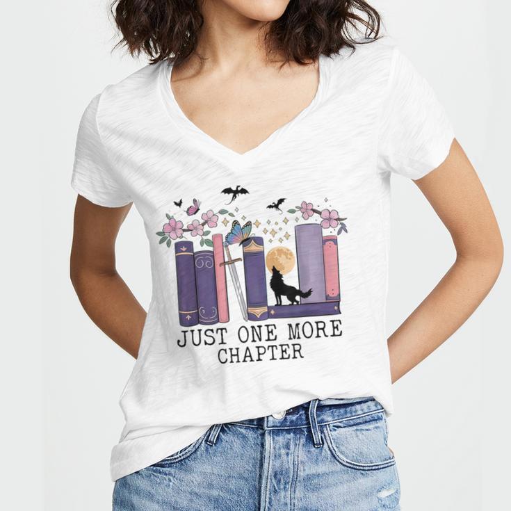 Just One More Chapter Romantasy Book Dragon Bookworm Bookish Women's Jersey Short Sleeve Deep V-Neck Tshirt