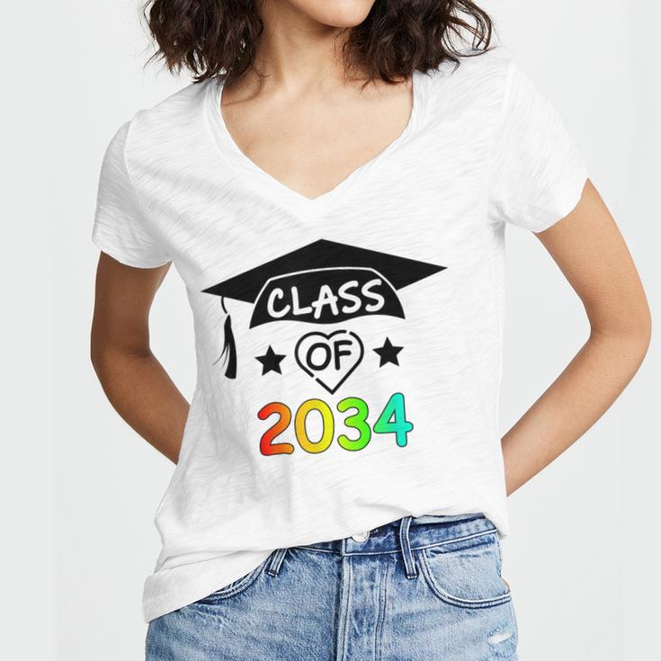 K -12th Grade Hand Prints Space Graduation Class Of 2034 Women's Jersey Short Sleeve Deep V-Neck Tshirt