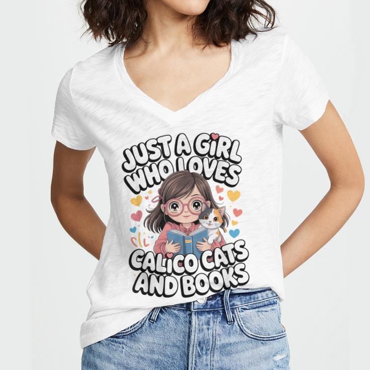Kawaii Cat And Books Just A Girl Who Loves Both Women's Jersey Short Sleeve Deep V-Neck Tshirt