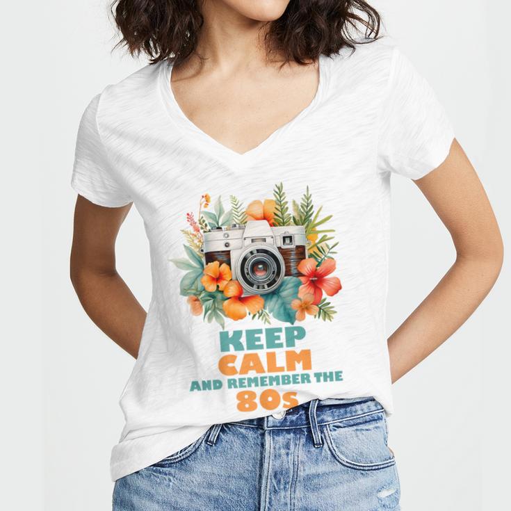 Keep Calm And Remember The 80s Retro Vintage Nostalgia Premium Women's Jersey Short Sleeve Deep V-Neck Tshirt