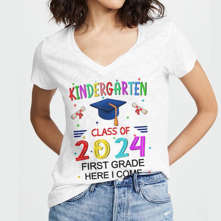 Kindergarten Graduation Class 2024 1st Grade Here I Come Women's Jersey Short Sleeve Deep V-Neck Tshirt